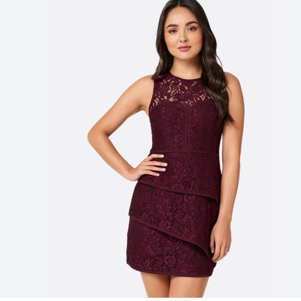 Forever New Wine Burgundy Lace Tiered Cocktail Dress – Size AUS 10/US 6